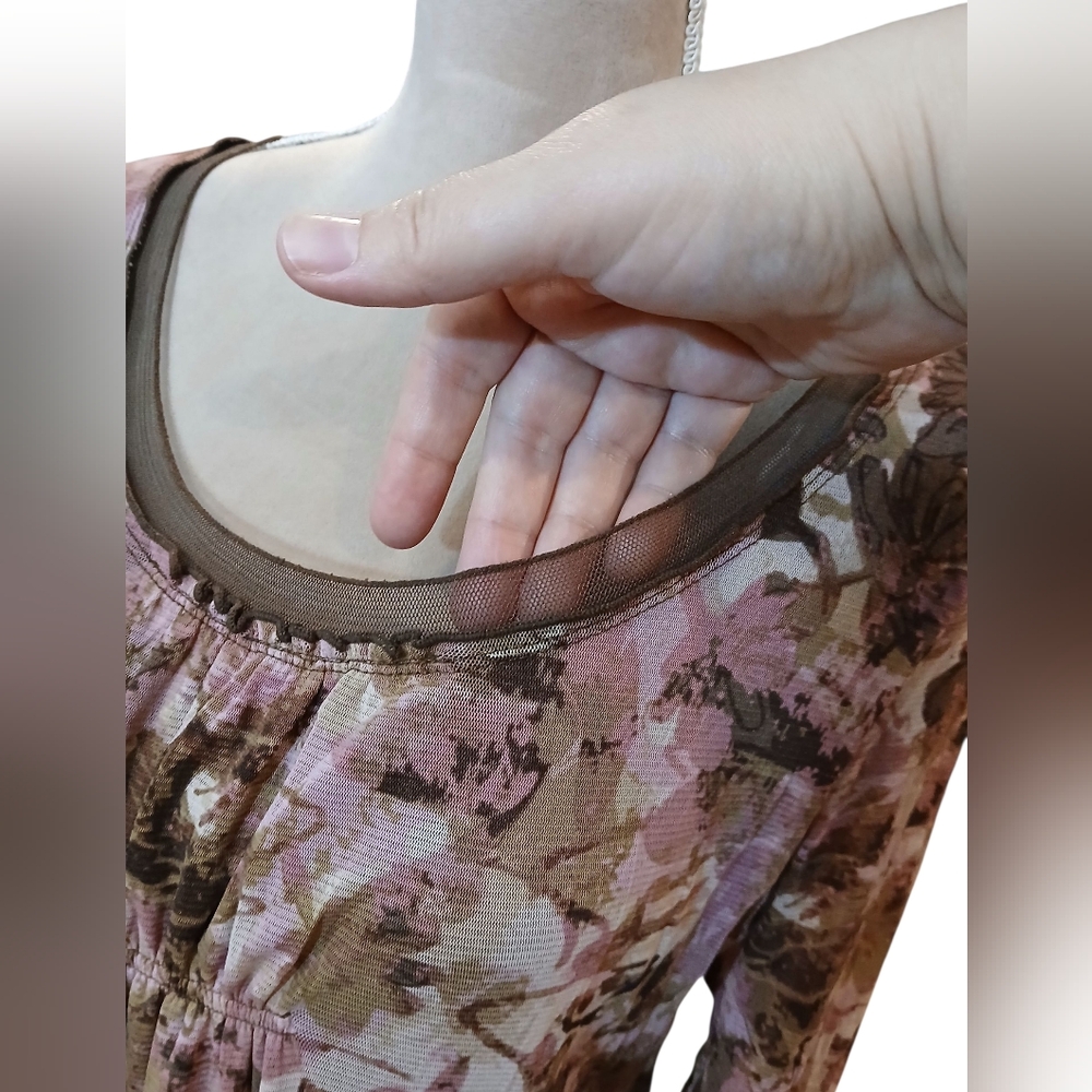 Axcess Pink Brown Layered Babydoll Mesh Floral Blouse Large Fairy Goblincore - Picture 2 of 10